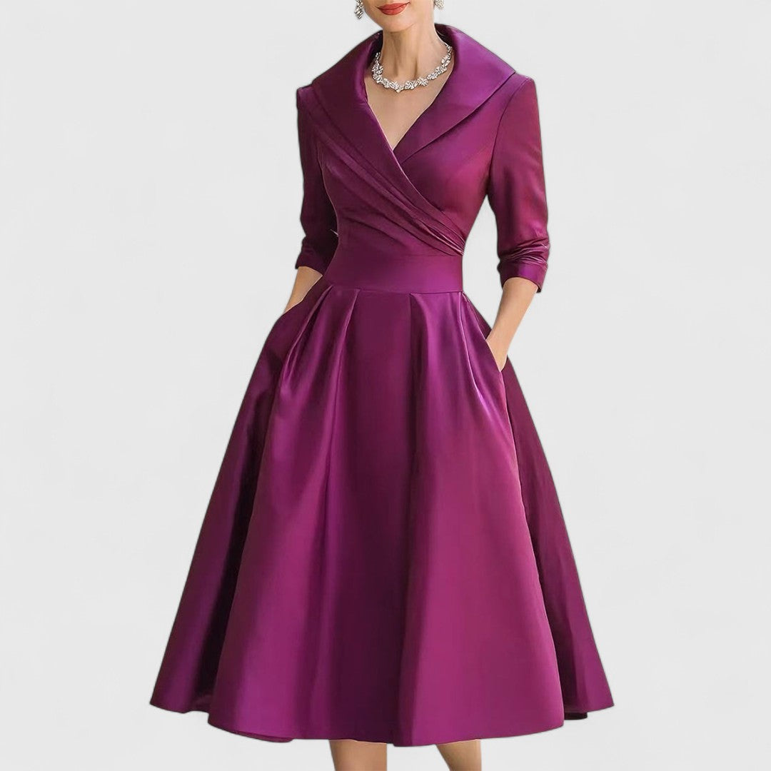 Marley Quinn Navy Satin Midi Dress With Wrap Bodice And Pockets by Selouva