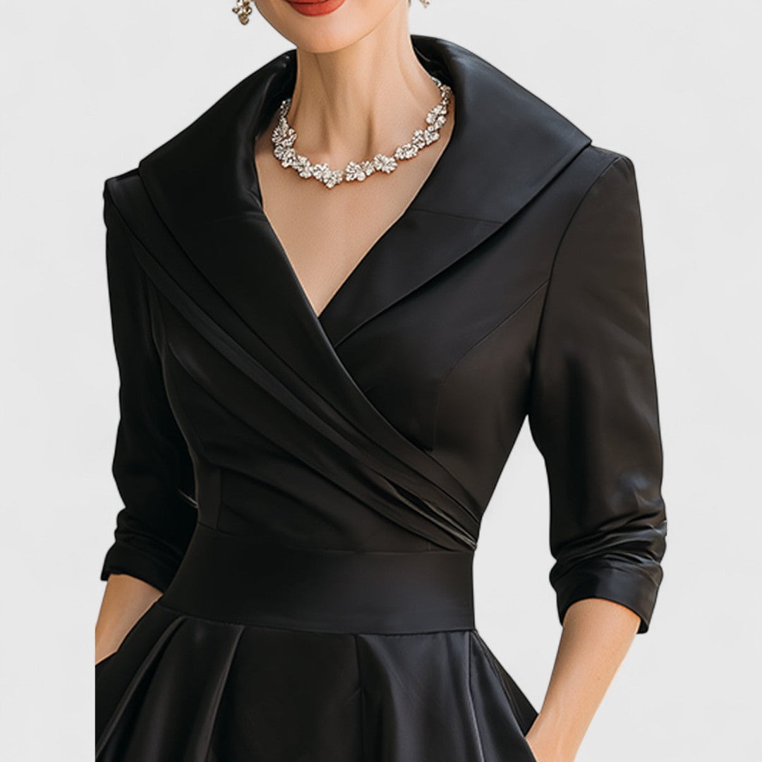 Marley Quinn Navy Satin Midi Dress With Wrap Bodice And Pockets by Selouva