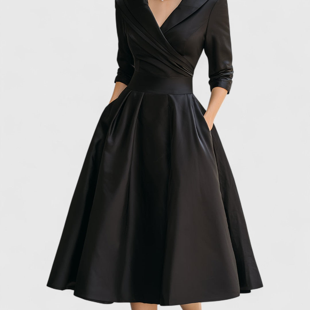 Marley Quinn Navy Satin Midi Dress With Wrap Bodice And Pockets by Selouva