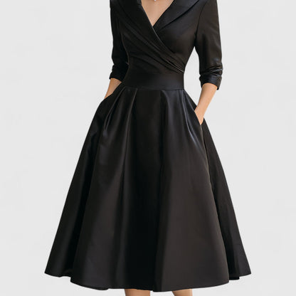 Marley Quinn Navy Satin Midi Dress With Wrap Bodice And Pockets by Selouva