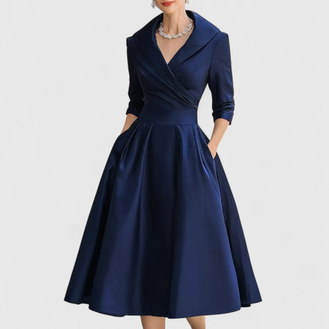 Marley Quinn Navy Satin Midi Dress With Wrap Bodice And Pockets by Selouva