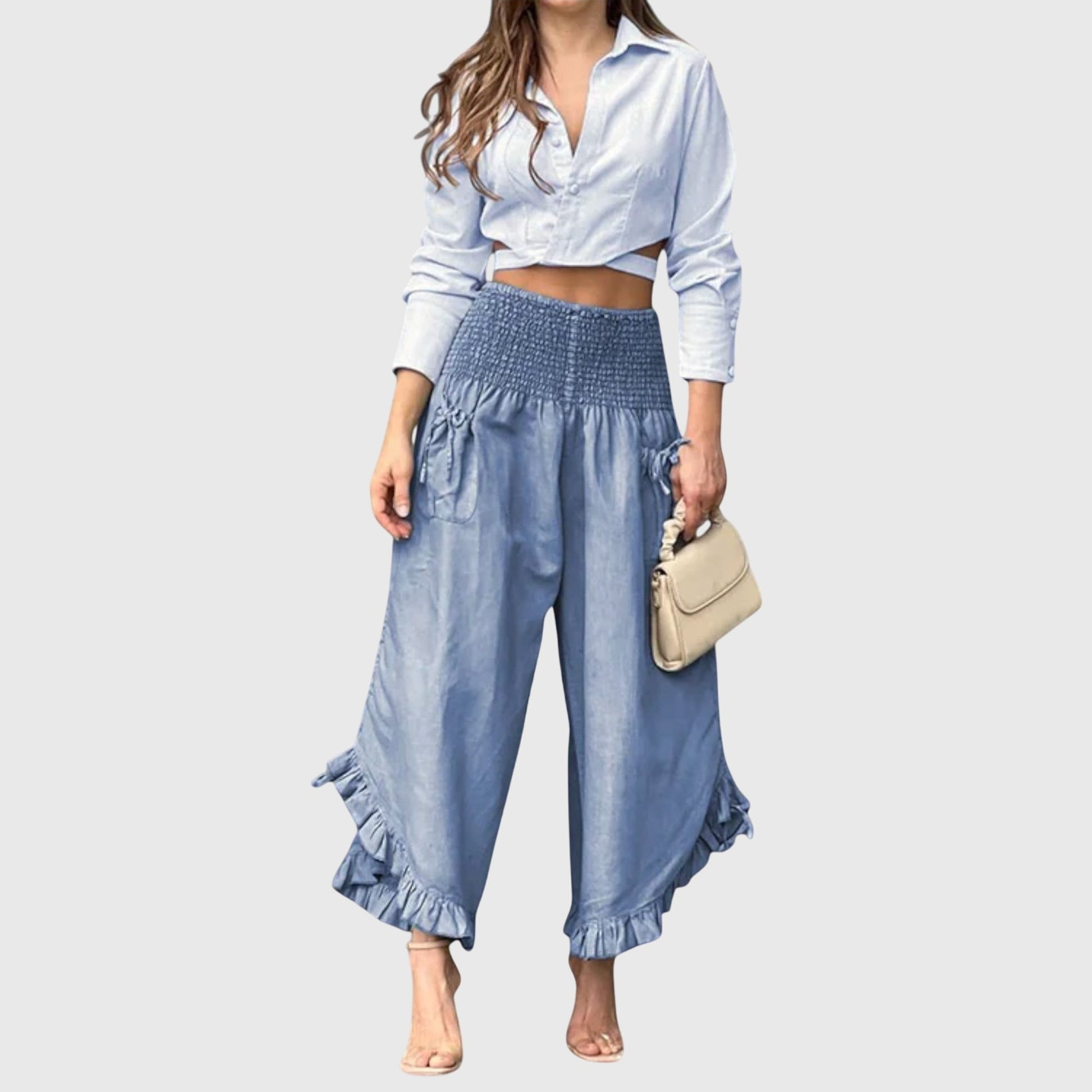 Jaya Casual Pleated Pants With Satin Finish And Smocked Waist by Selouva