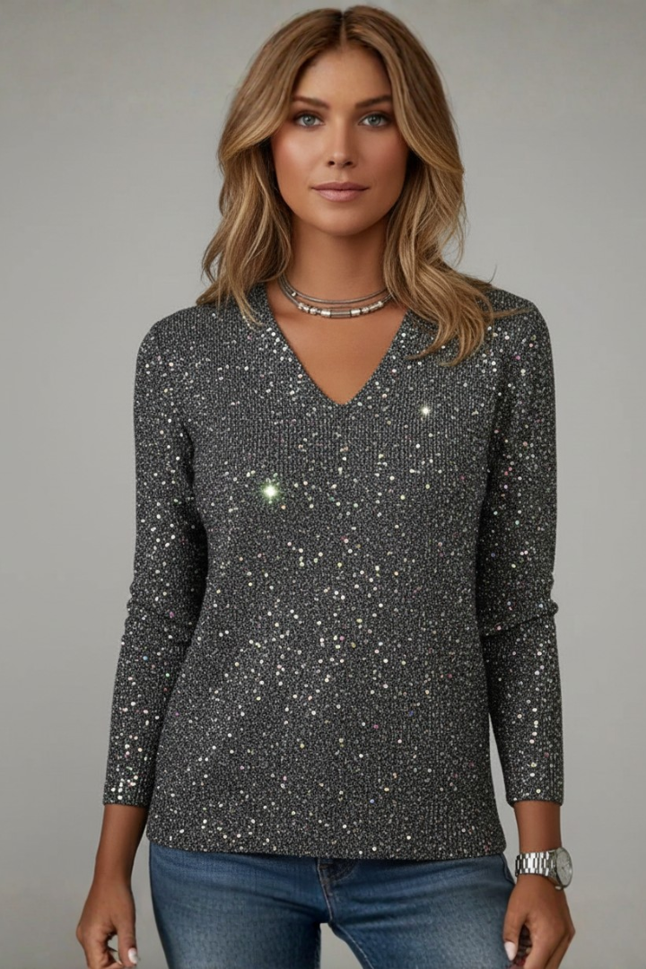 Samantha Women's Sequin V Neck Long Sleeve Sweater by Selouva