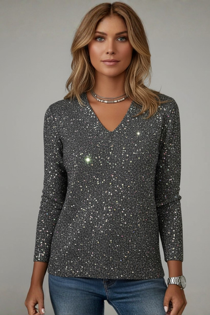 Samantha Women's Sequin V Neck Long Sleeve Sweater by Selouva