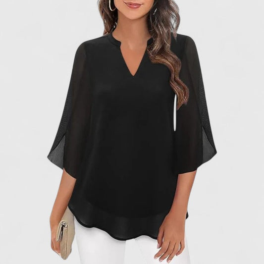 Ellie Sophisticated Black Blouse With Relaxed Fit And Sheer Sleeves by Selouva