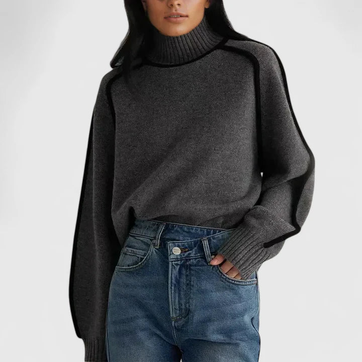 Elizandraa Elegant Camel Oversized Sweater With Black Trim Piping by Selouva