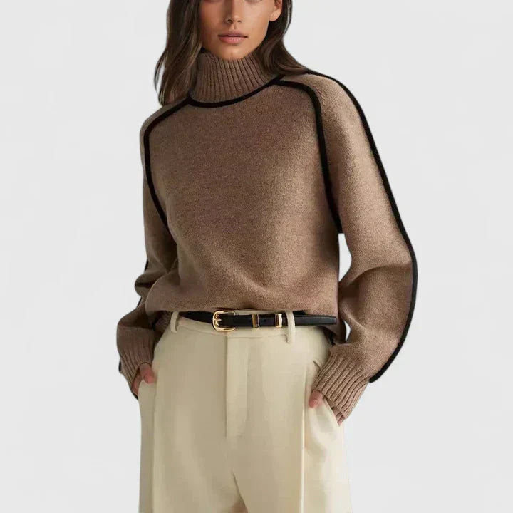 Elizandraa Elegant Camel Oversized Sweater With Black Trim Piping by Selouva