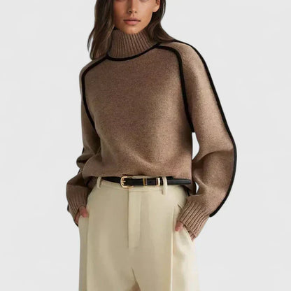 Elizandraa Elegant Camel Oversized Sweater With Black Trim Piping by Selouva