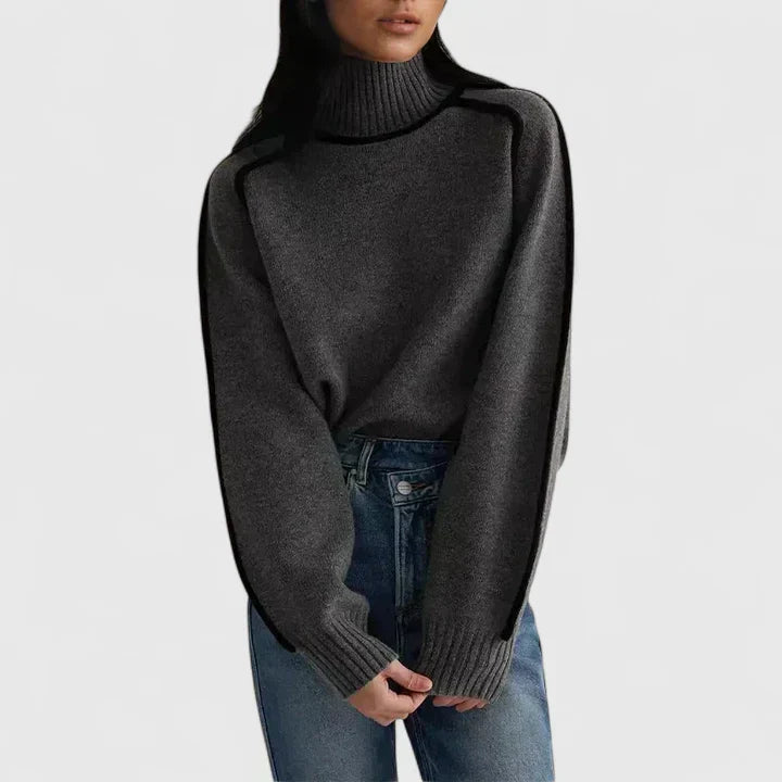 Elizandraa Elegant Camel Oversized Sweater With Black Trim Piping by Selouva