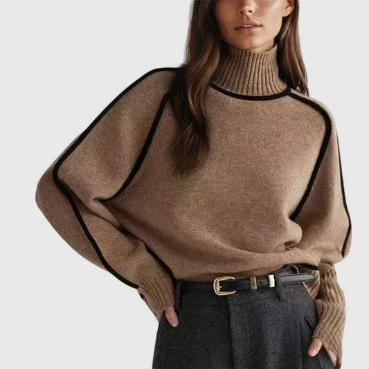Elizandraa Elegant Camel Oversized Sweater With Black Trim Piping by Selouva