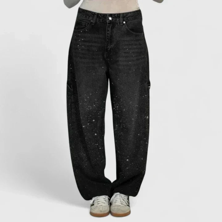 Melizyrah Comfortable Starry Crystal Denim Pants With Straight Leg by Selouva