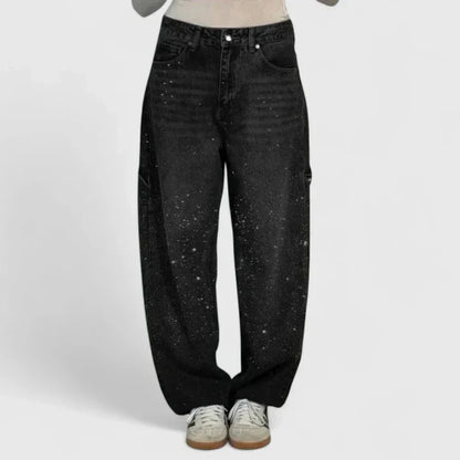 Melizyrah Comfortable Starry Crystal Denim Pants With Straight Leg by Selouva
