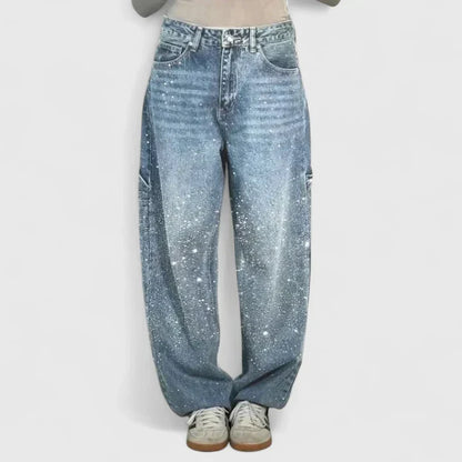 Melizyrah Comfortable Starry Crystal Denim Pants With Straight Leg by Selouva