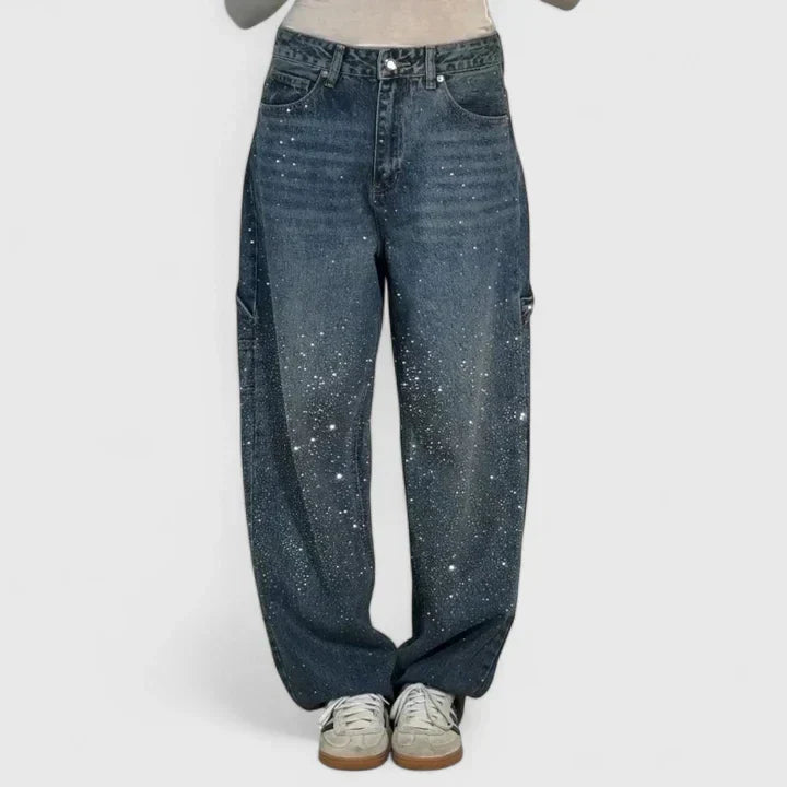Melizyrah Comfortable Starry Crystal Denim Pants With Straight Leg by Selouva