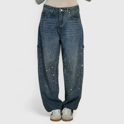 Melizyrah Comfortable Starry Crystal Denim Pants With Straight Leg by Selouva