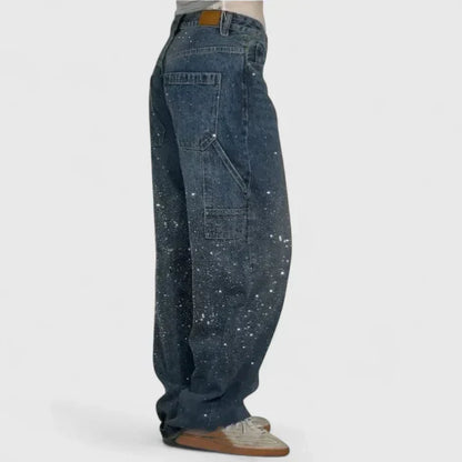 Melizyrah Comfortable Starry Crystal Denim Pants With Straight Leg by Selouva