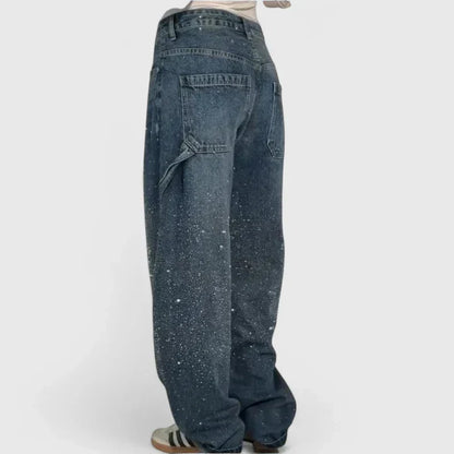 Melizyrah Comfortable Starry Crystal Denim Pants With Straight Leg by Selouva