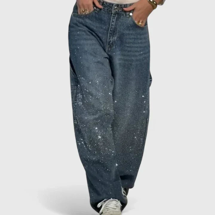 Melizyrah Comfortable Starry Crystal Denim Pants With Straight Leg by Selouva