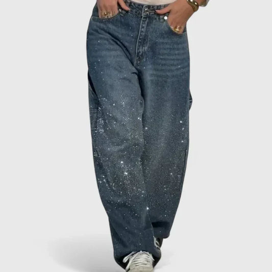 Melizyrah Comfortable Starry Crystal Denim Pants With Straight Leg by Selouva