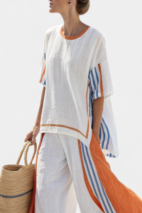 Thorneil Striped Bamboo Linen Wide Leg Set Top and Pants by Selouva
