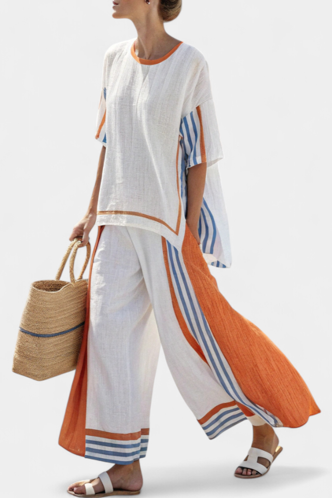 Thorneil Striped Bamboo Linen Wide Leg Set Top and Pants by Selouva