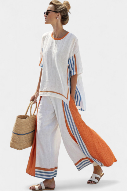 Thorneil Striped Bamboo Linen Wide Leg Set Top and Pants by Selouva