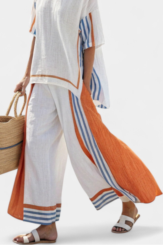Thorneil Striped Bamboo Linen Wide Leg Set Top and Pants by Selouva