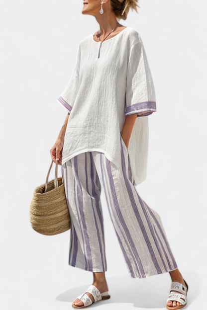 Luxmere Relaxed Blouse And Striped Bamboo Wide Leg Pants Set by Selouva