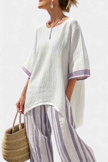 Luxmere Relaxed Blouse And Striped Bamboo Wide Leg Pants Set by Selouva
