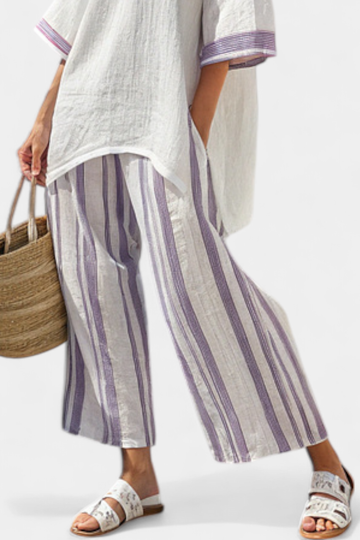 Luxmere Relaxed Blouse And Striped Bamboo Wide Leg Pants Set by Selouva