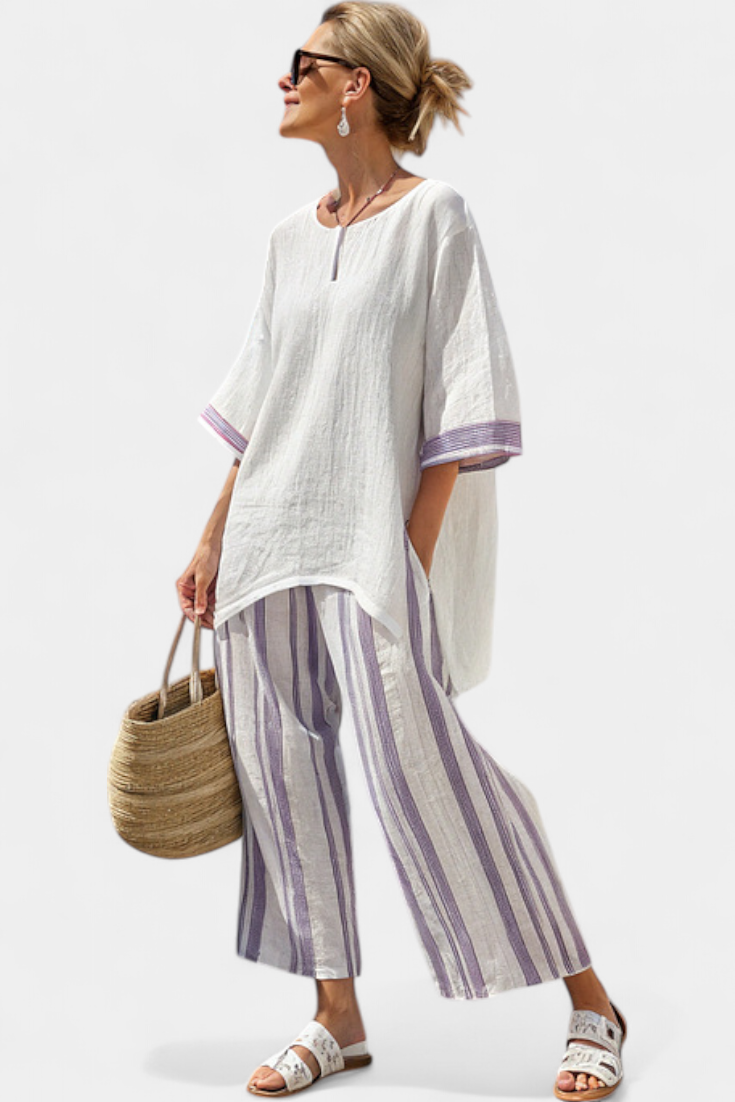 Luxmere Relaxed Blouse And Striped Bamboo Wide Leg Pants Set by Selouva