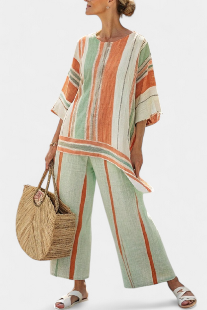 Bellmere Striped Linen Asymmetrical Top And Wide Leg Pants Ensemble by Selouva