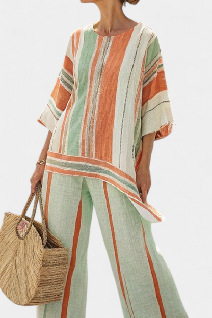 Bellmere Striped Linen Asymmetrical Top And Wide Leg Pants Ensemble by Selouva
