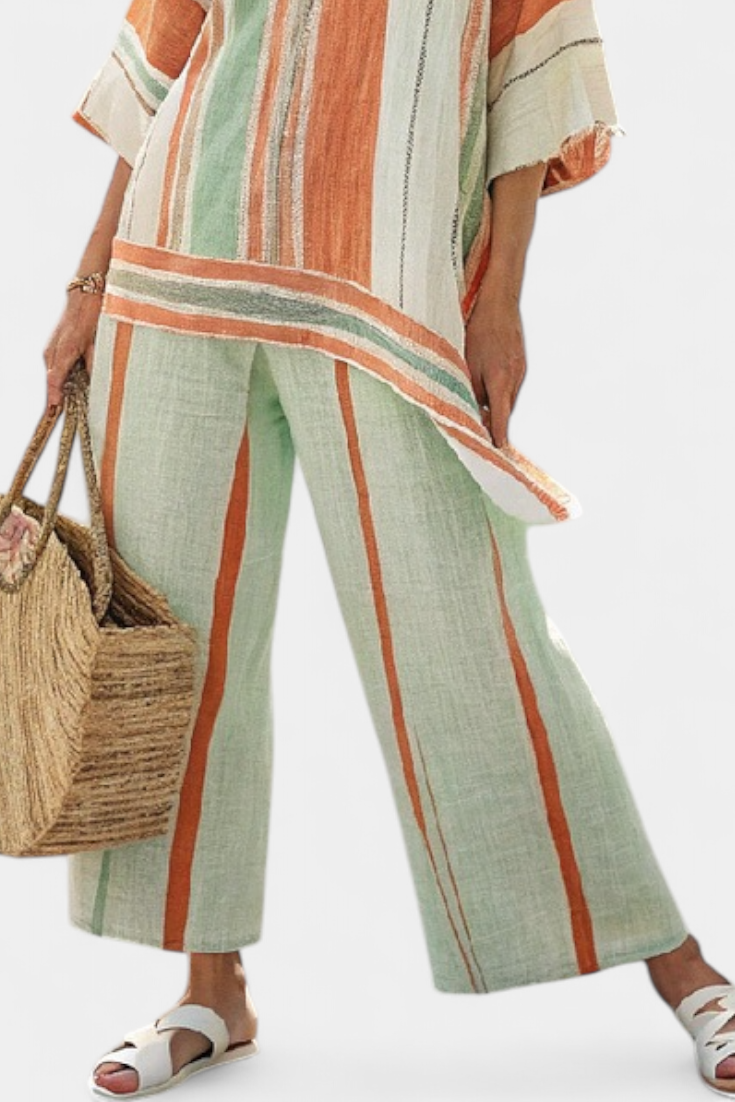 Bellmere Striped Linen Asymmetrical Top And Wide Leg Pants Ensemble by Selouva