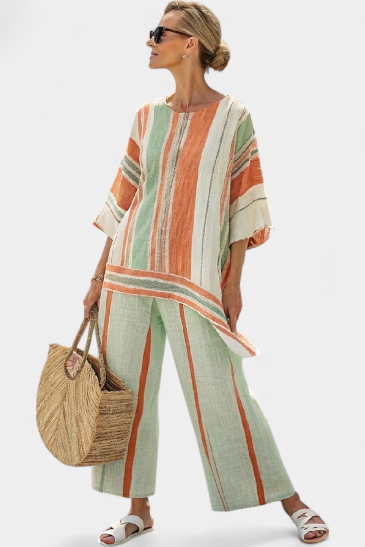 Bellmere Striped Linen Asymmetrical Top And Wide Leg Pants Ensemble by Selouva