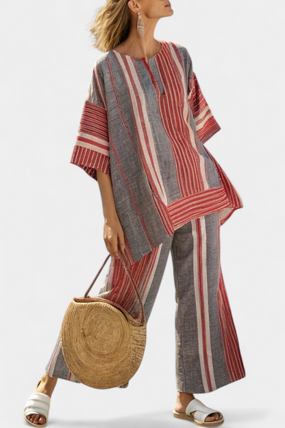 Bravine Striped Coral Gray Linen Set With Wide Leg Pants And Relaxed Top by Selouva