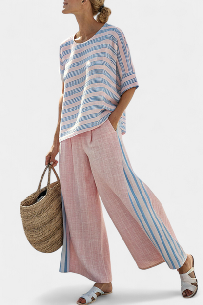 Virella Linen Striped Set Pink And Blue Blouse And Soft Pants by Selouva