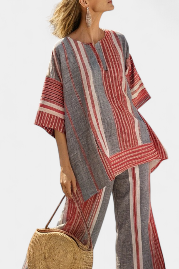 Bravine Striped Coral Gray Linen Set With Wide Leg Pants And Relaxed Top by Selouva