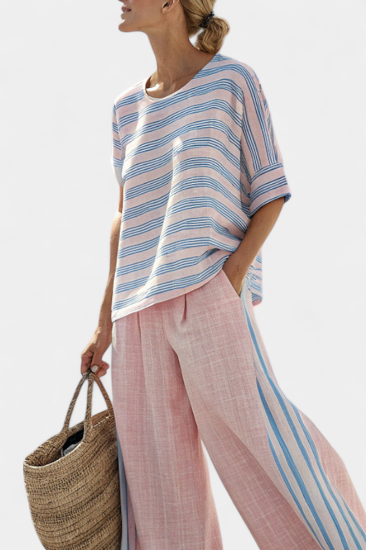 Virella Linen Striped Set Pink And Blue Blouse And Soft Pants by Selouva