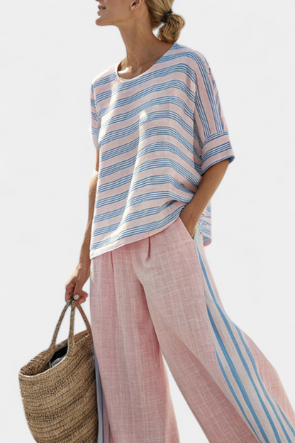 Virella Linen Striped Set Pink And Blue Blouse And Soft Pants by Selouva