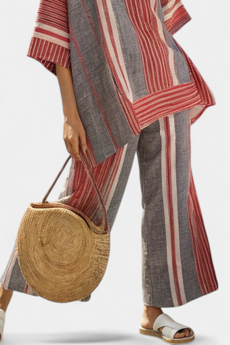 Bravine Striped Coral Gray Linen Set With Wide Leg Pants And Relaxed Top by Selouva