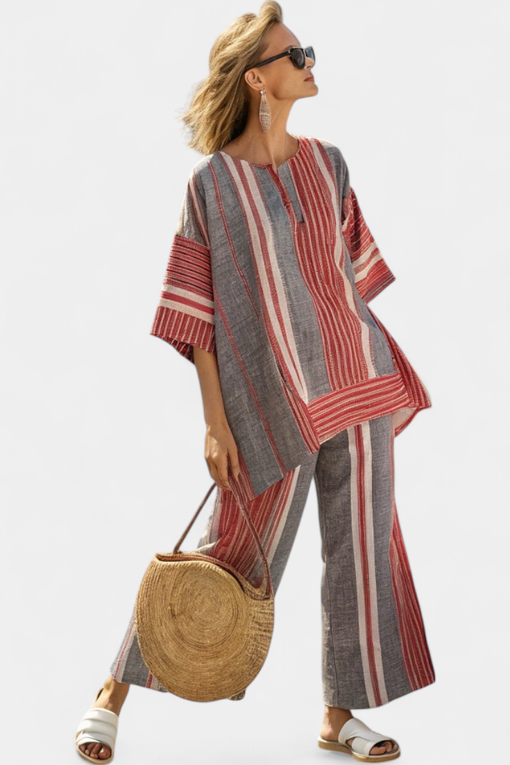 Bravine Striped Coral Gray Linen Set With Wide Leg Pants And Relaxed Top by Selouva
