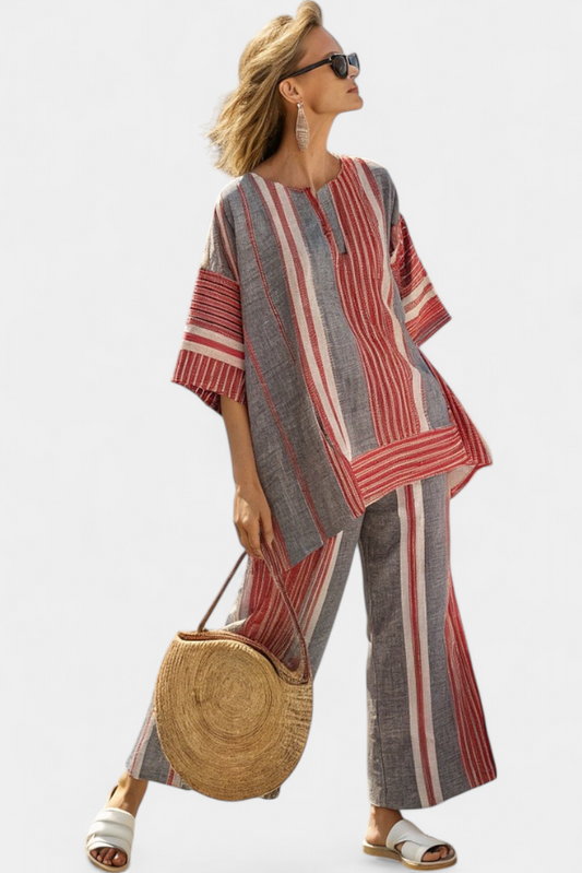 Bravine Striped Coral Gray Linen Set With Wide Leg Pants And Relaxed Top by Selouva