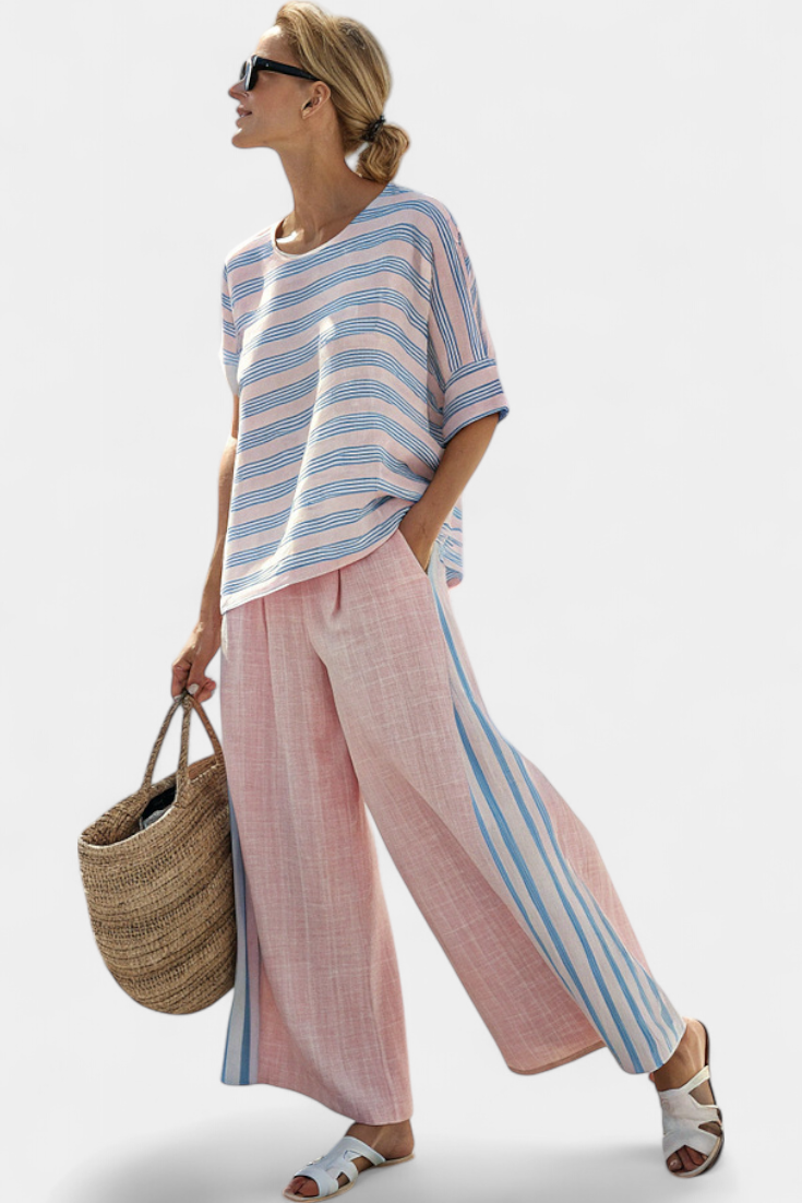 Virella Linen Striped Set Pink And Blue Blouse And Soft Pants by Selouva