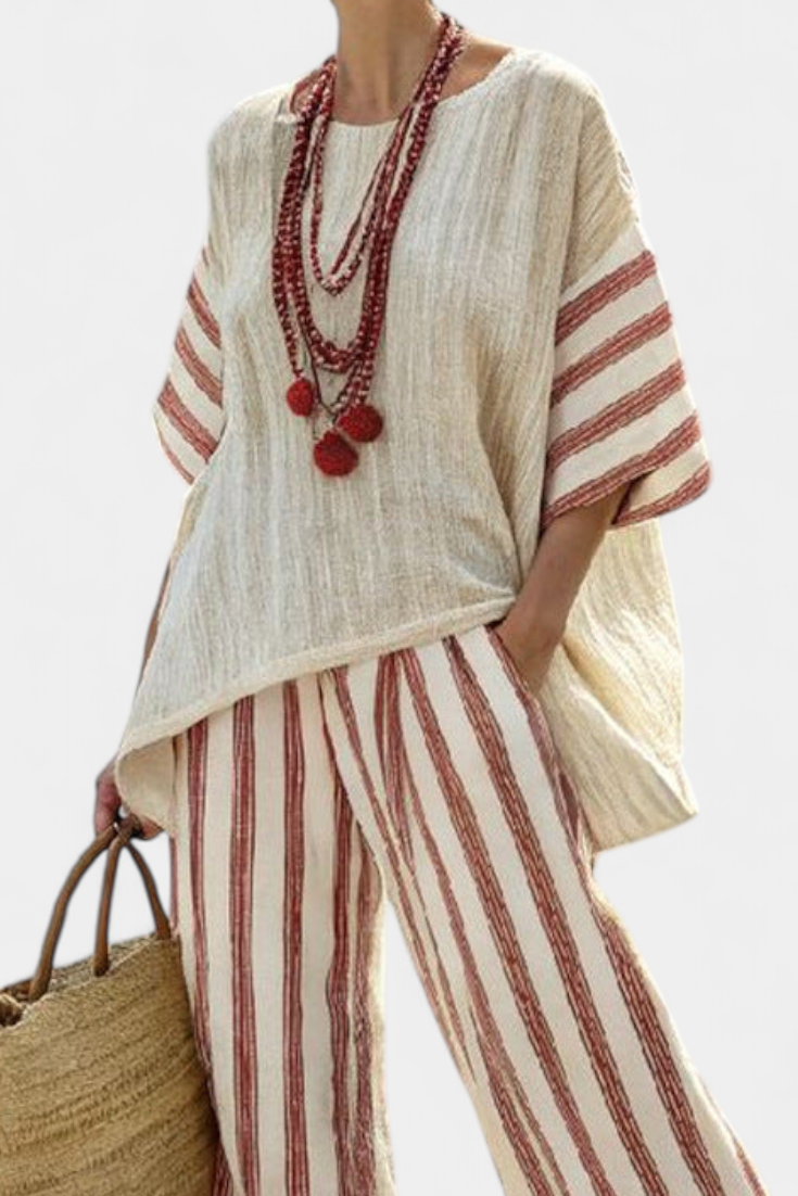Braelith Elegant Rustic Striped Top and Cream Linen Pants Set by Selouva