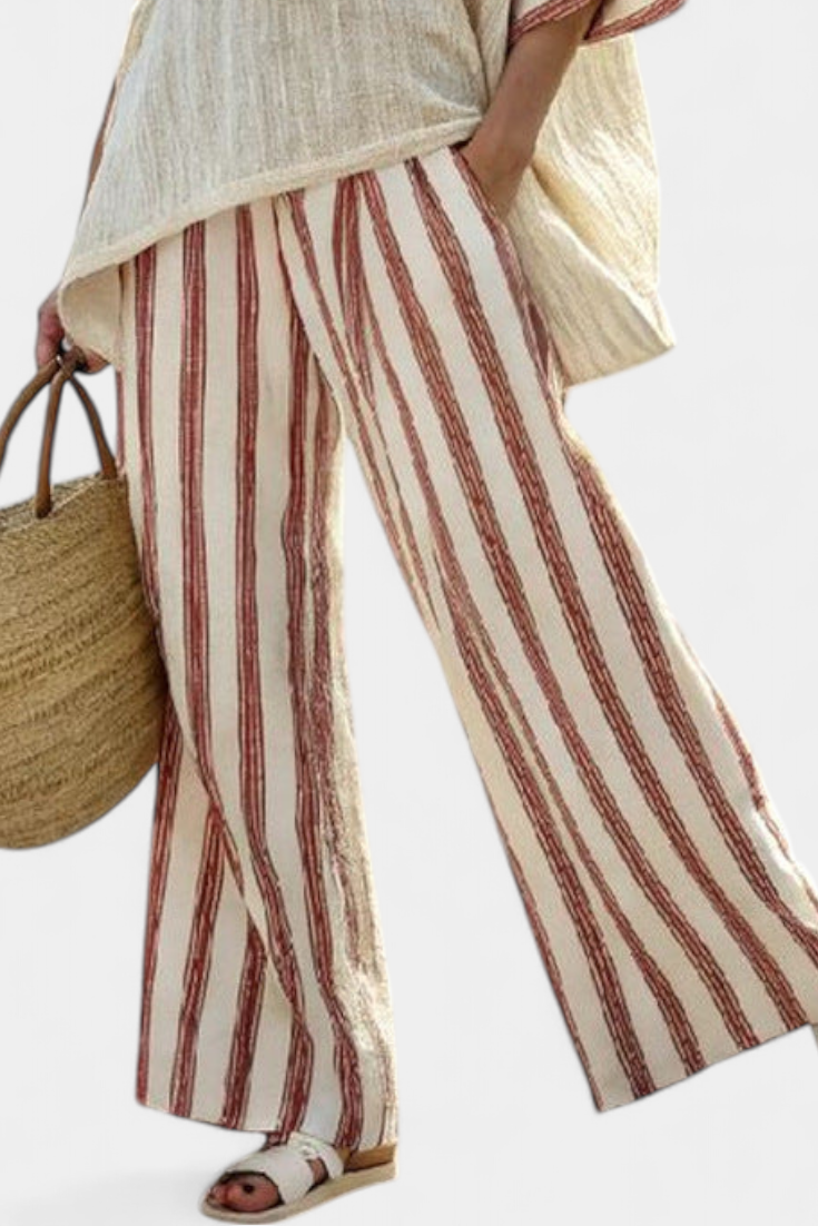 Braelith Elegant Rustic Striped Top and Cream Linen Pants Set by Selouva