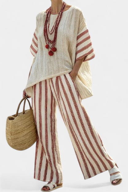 Braelith Elegant Rustic Striped Top and Cream Linen Pants Set by Selouva
