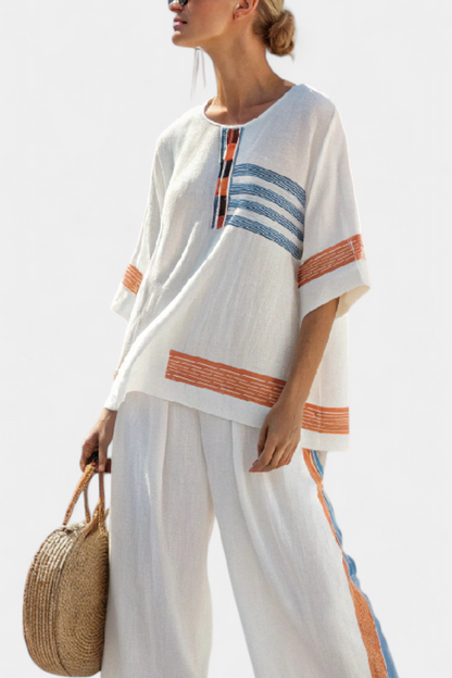 Marcellin Sophisticated Blue Orange Striped Top And Wide Leg Pants Set by Selouva