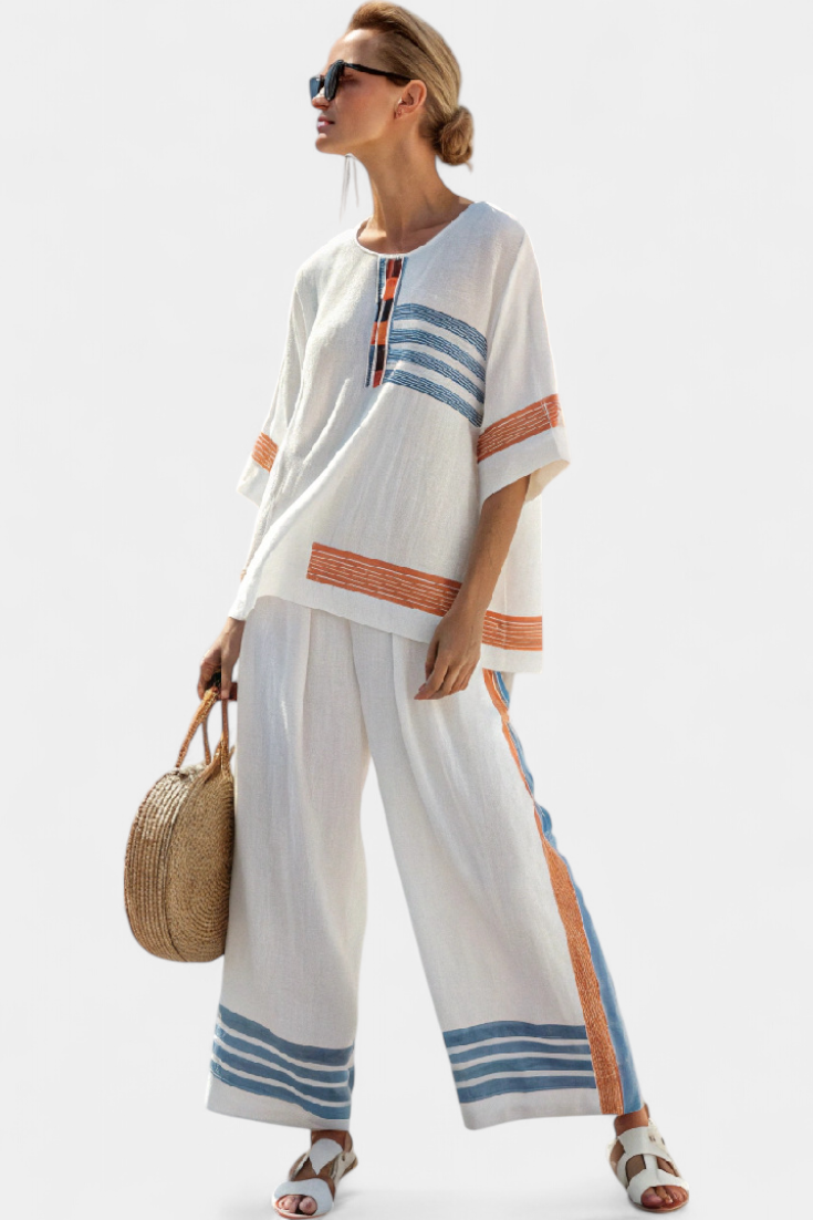 Marcellin Sophisticated Blue Orange Striped Top And Wide Leg Pants Set by Selouva