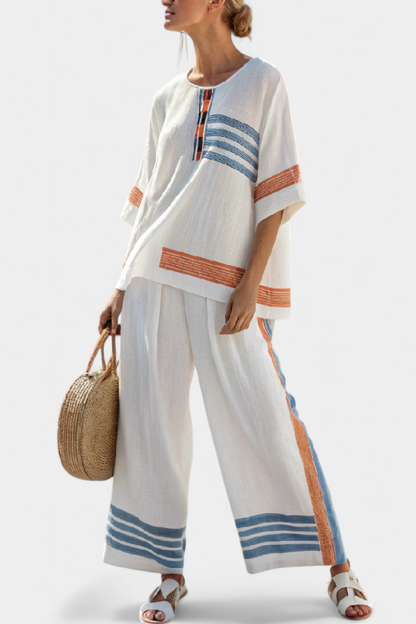 Marcellin Sophisticated Blue Orange Striped Top And Wide Leg Pants Set by Selouva